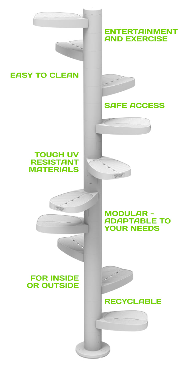 Monkee Tree features including; easy to clean; tough UV resistant materials; suitable for inside and outside; entertain and exercise; safe access; modular adjustable to your needs; recyclable materials